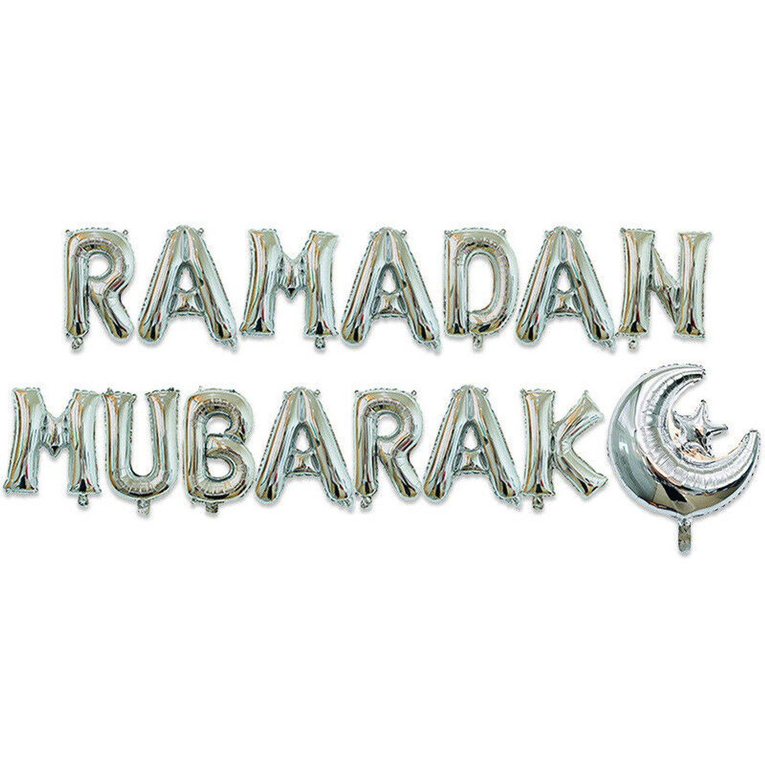 Ramadan Mubarak Foil Balloons in Silver with Silver moon and cojoined star